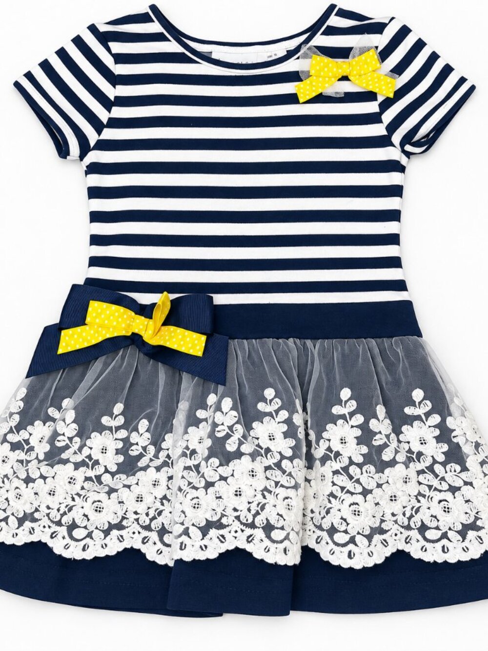 Blueberi Boulevard 4T Navy Stripe Embroidered Tulle Bow Dress